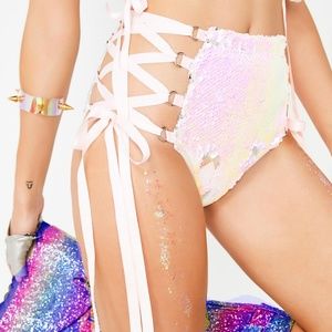 Lace-up Sequin Shorts White Iridescent #burningman